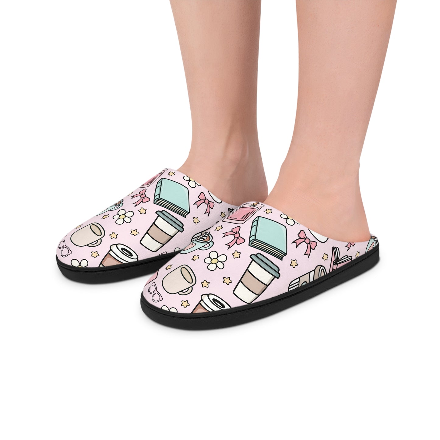 Pink Books & Coffee Cozy Women's Indoor Slippers